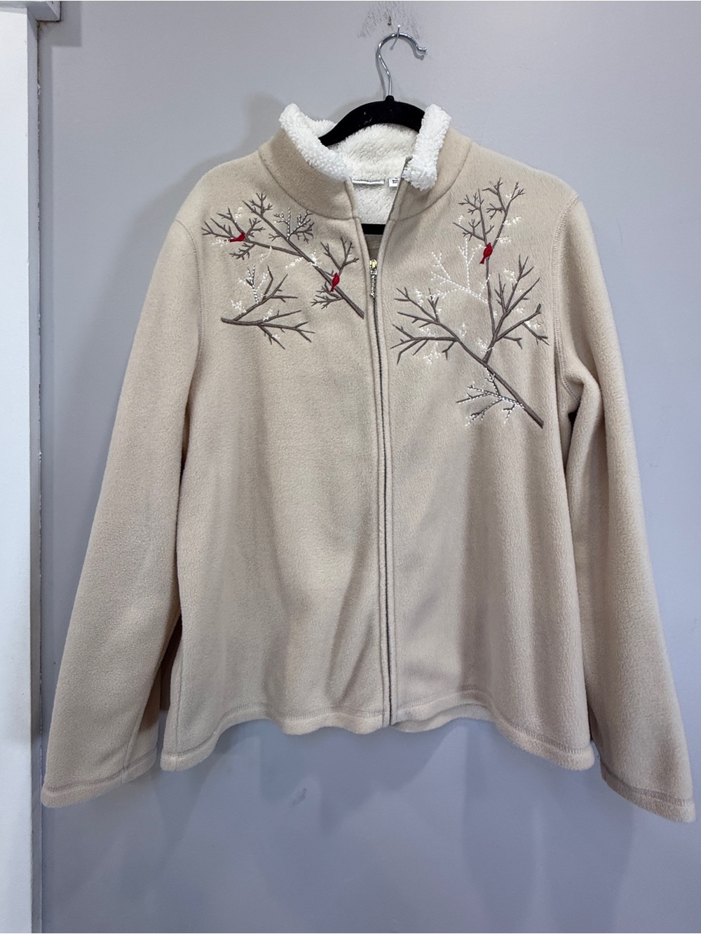 croft & barrow Beige Sherpa-Trim Embroidered Cardinal Fleece Jacket